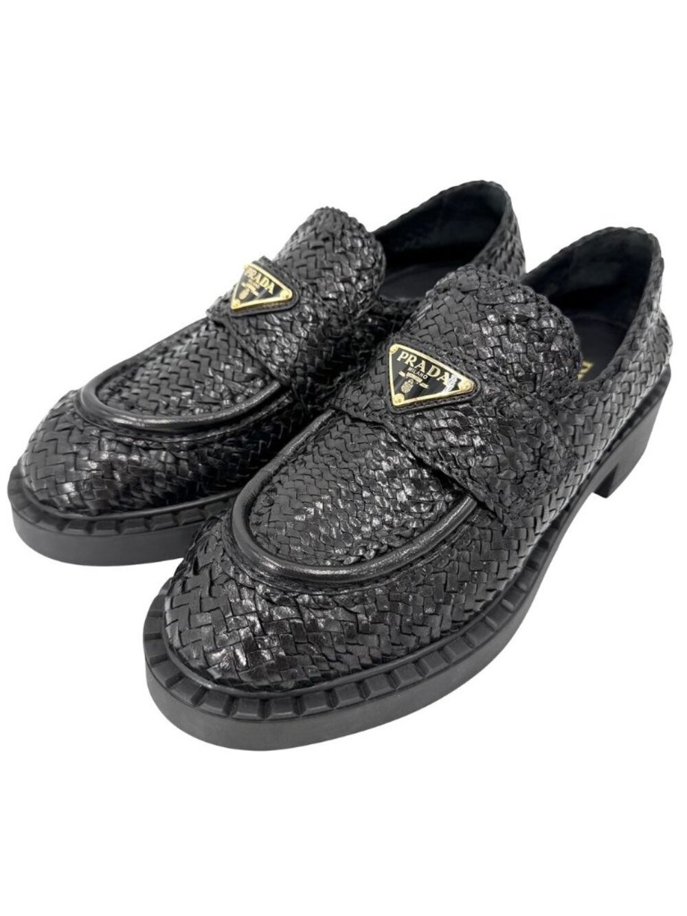 Prada Loafers Triangle Logo Braided Shoes Leather Black Gold